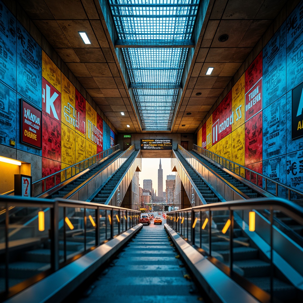 Prompt: Vibrant metro station, expressionist style, bold blue hues, bright yellow accents, deep red tones, abstract geometric patterns, industrial metal textures, exposed concrete walls, futuristic LED lighting, dynamic escalators, sleek modern signage, urban cityscape views, rush hour atmosphere, warm golden lighting, shallow depth of field, 1/2 composition, cinematic framing, high-contrast colors, gritty realistic rendering.