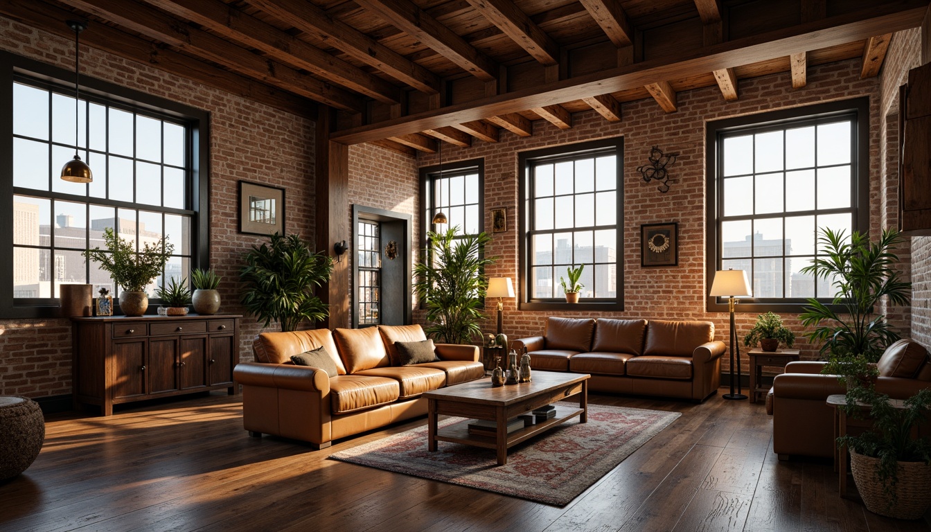 Prompt: Warm loft ambiance, classic industrial decor, exposed brick walls, wooden beam ceilings, metal frame windows, distressed leather sofas, vintage decorative items, soft warm glow, subtle shadowing, natural daylight, large skylights, pendant lamps, table lamps, floor lamps, warm color temperatures, high contrast ratio, shallow depth of field, 1/1 composition, realistic textures, ambient occlusion.