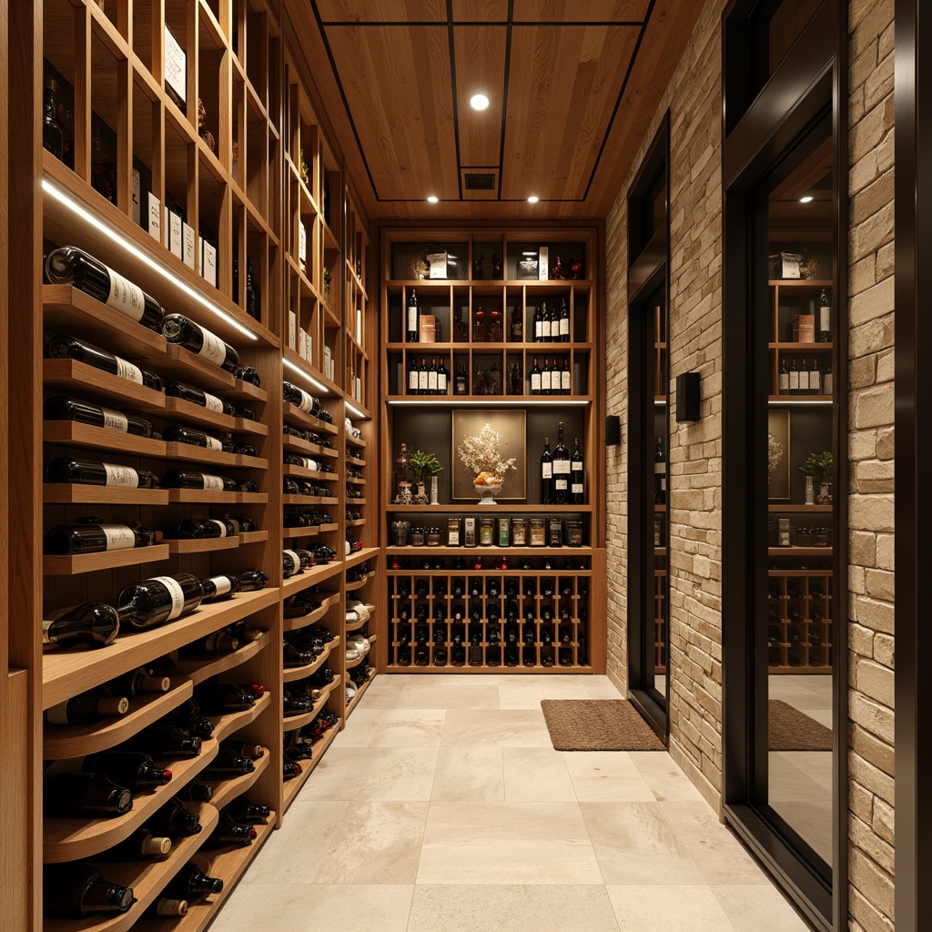 Prompt: Luxurious wine cellar, rich wood tones, elegant shelving units, sleek metal frames, LED lighting, ambient temperature control, humidification systems, premium glass doors, rustic stone walls, ornate ironwork, sophisticated label displays, Bordeaux-inspired racks, curved corner shelves, floor-to-ceiling storage, warm beige hues, soft golden lighting, shallow depth of field, 1/2 composition, realistic textures, subtle ambient occlusion.