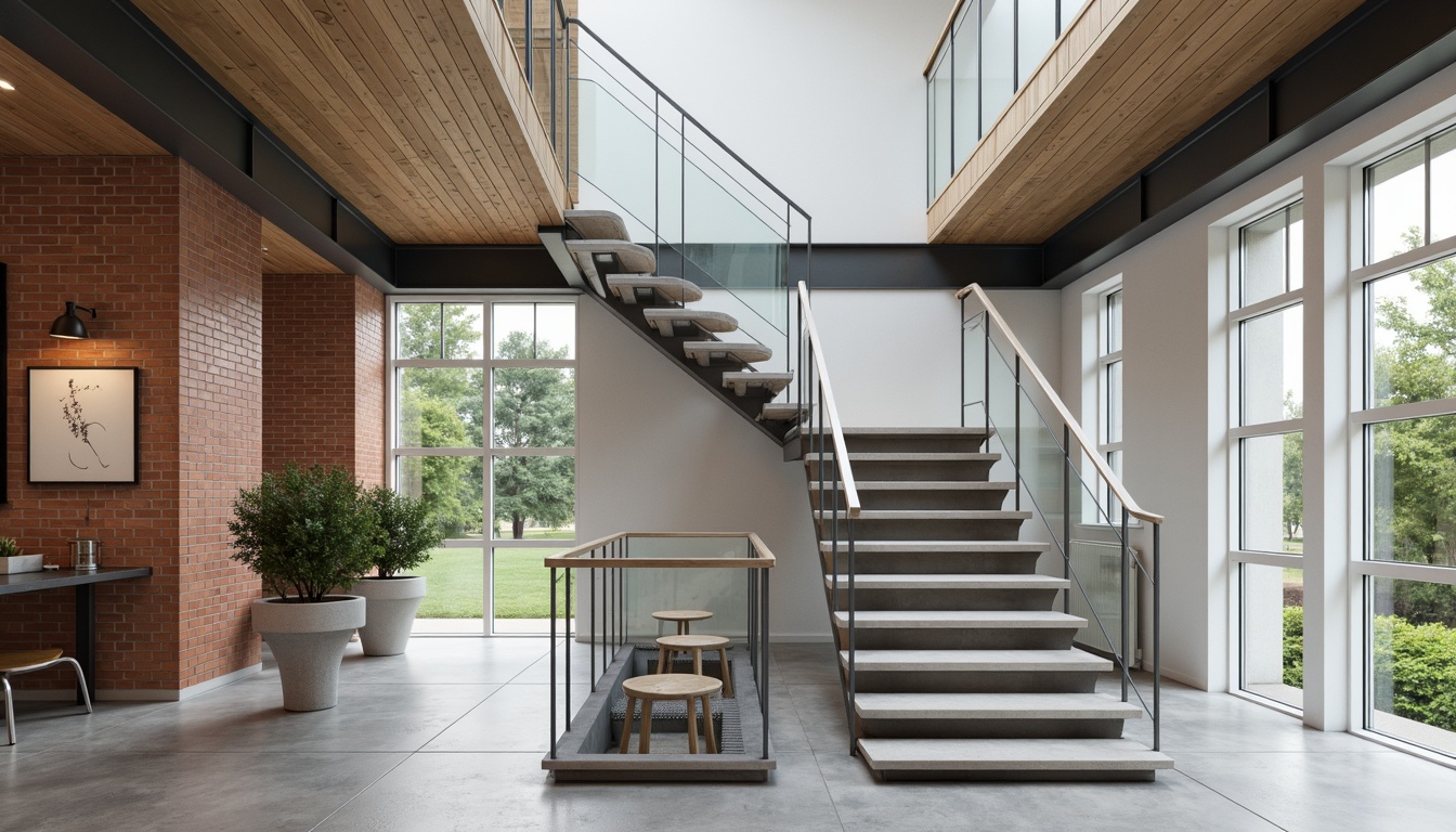 Prompt: Minimalist staircase, transparent glass railings, sleek metal handrails, open tread design, floating steps, industrial chic ambiance, exposed brick walls, polished concrete floors, natural light pouring, airy atmosphere, modern urban feel, subtle color palette, neutral tones, simplicity emphasis, functional aesthetic, geometric shapes, linear compositions, shallow depth of field, 3/4 composition, soft warm lighting, ambient occlusion.