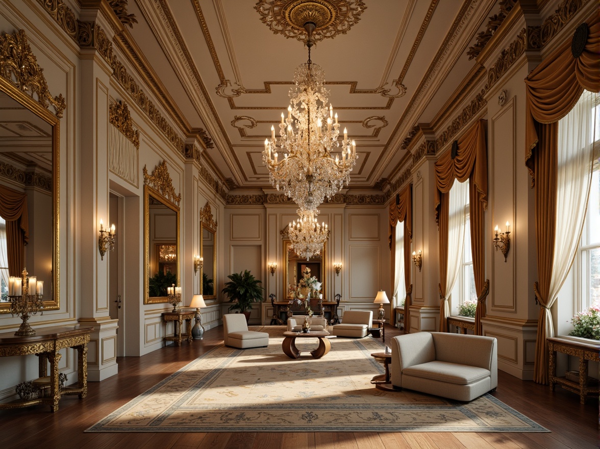 Prompt: Ornate crystal chandeliers, delicate metalwork, soft warm glow, cream-colored candles, intricate carvings, gilded accents, luxurious fabrics, velvet drapes, opulent furnishings, Baroque-inspired patterns, grandiose staircases, lavish ballrooms, French Renaissance influences, elegant coves, ornamental mirrors, refined plasterwork, subtle color palette, warm beige tones, rich gold leafing, delicate filigree details.