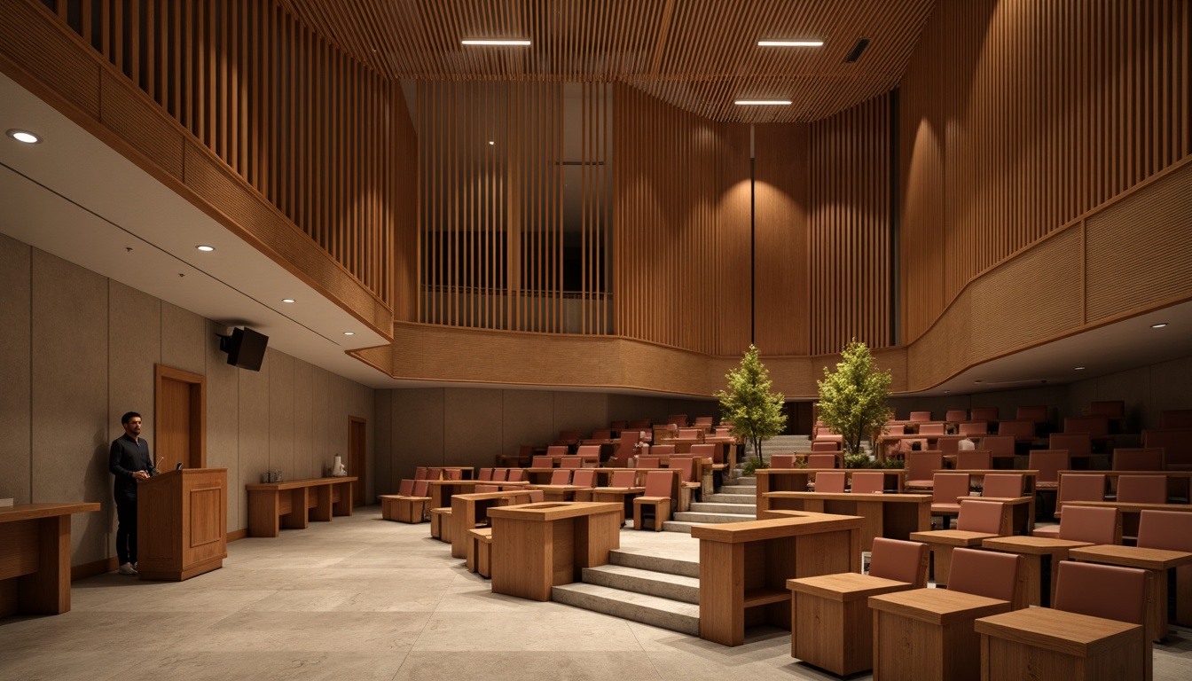 Prompt: Elegant lecture halls, wooden podiums, warm neutral tones, softbox lights, pendant lamps, floor lamps, comfortable seating areas, rich wood accents, classic architectural details, subtle color schemes, natural stone floors, sophisticated lighting controls, layered lighting effects, 1/2 composition, realistic renderings, ambient occlusion.