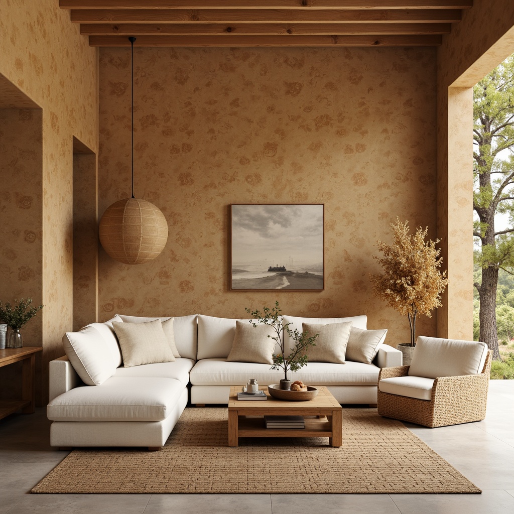 Prompt: Warm earthy cork walls, natural beige tones, soft creamy whites, rich walnut browns, subtle golden accents, organic textures, rustic wooden furniture, woven jute rugs, minimalist decor, cozy intimate atmosphere, soft diffused lighting, shallow depth of field, 1/1 composition, realistic renderings, ambient occlusion.