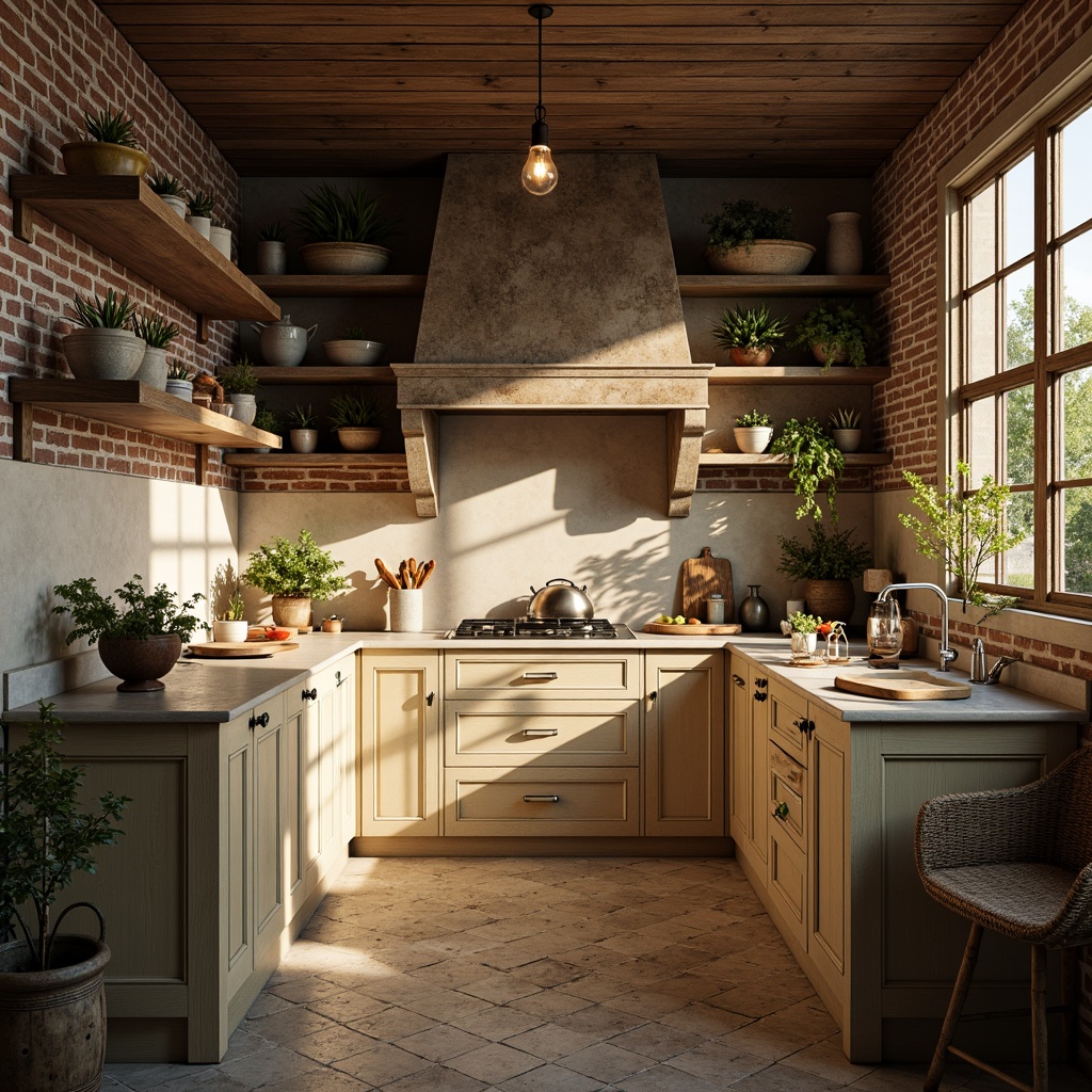 Prompt: Rustic kitchen, distressed wooden cabinets, soft cream countertops, ornate metal hardware, vintage-inspired lighting fixtures, earthy tone backsplash, natural stone flooring, aged brick walls, cozy breakfast nook, lush greenery, warm afternoon sunlight, soft shadows, 1/1 composition, intimate atmosphere, realistic textures, ambient occlusion.