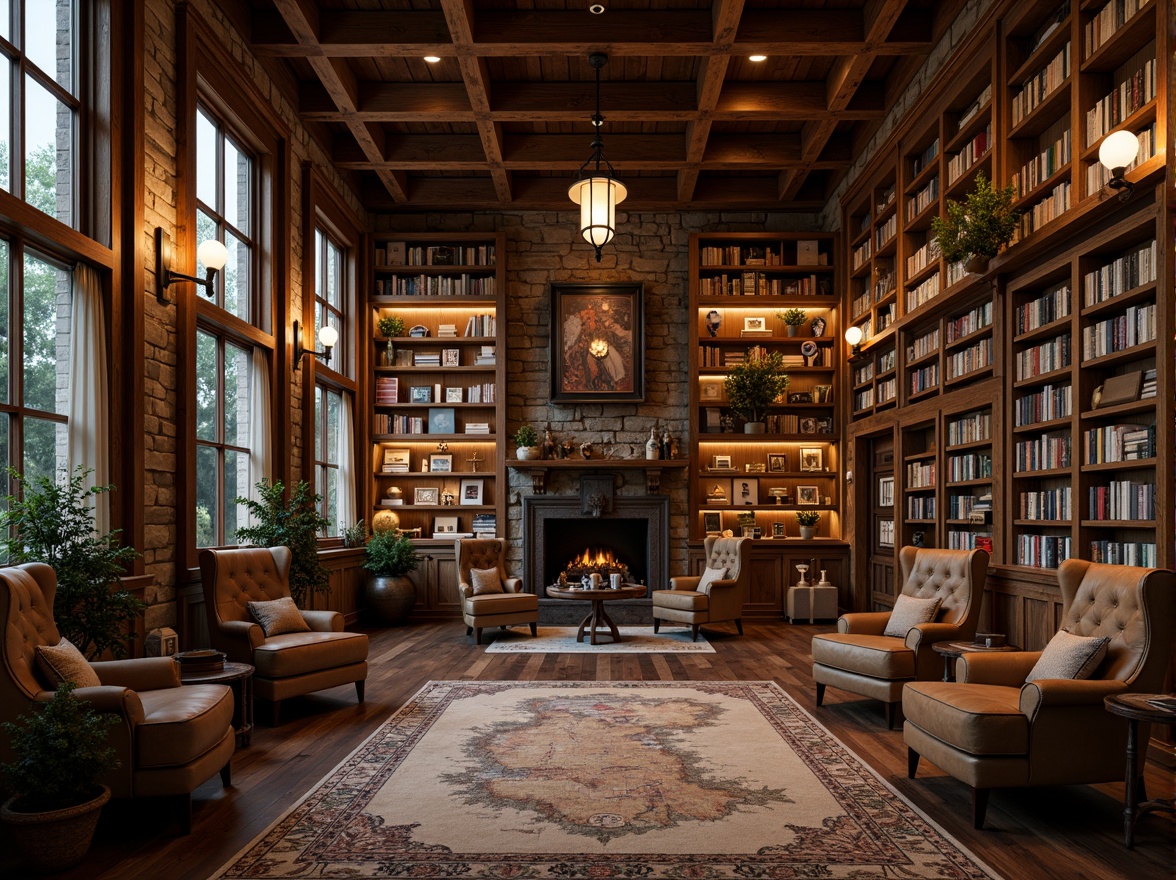 Prompt: Cozy library interior, rustic wooden shelving, reclaimed wood accents, vintage metal ladders, distressed leather armchairs, warm candle lighting, earthy color palette, stone walls, wooden floorboards, comfortable reading nooks, floor-to-ceiling bookshelves, decorative antique maps, rich velvet drapes, ornate wooden paneling, soft warm glow, shallow depth of field, 2/3 composition, realistic textures, ambient occlusion.