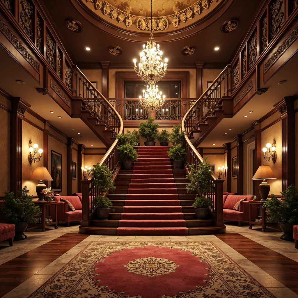 Prompt: Opulent palace, grand staircase, intricately carved wooden banisters, ornate chandeliers, lavish furnishings, richly patterned rugs, marble floors, inlaid wood flooring, polished bronze accents, dramatic archways, sweeping curves, luxurious textiles, jewel-toned colors, warm golden lighting, soft focus, 1/1 composition, symmetrical arrangement, highly detailed textures, ambient occlusion.