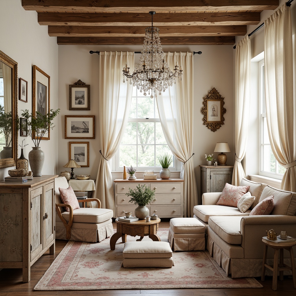 Prompt: Distressed vintage furniture, soft pastel hues, floral patterns, lace curtains, rustic wooden beams, worn velvet upholstery, antique decorative accessories, ornate metal frames, distressed finishes, creamy whites, warm beige tones, natural textiles, flowing drapes, crystal chandeliers, subtle sparkle, romantic ambiance, cozy reading nooks, plush area rugs, delicate trinket boxes, feminine touches, whimsical embellishments.