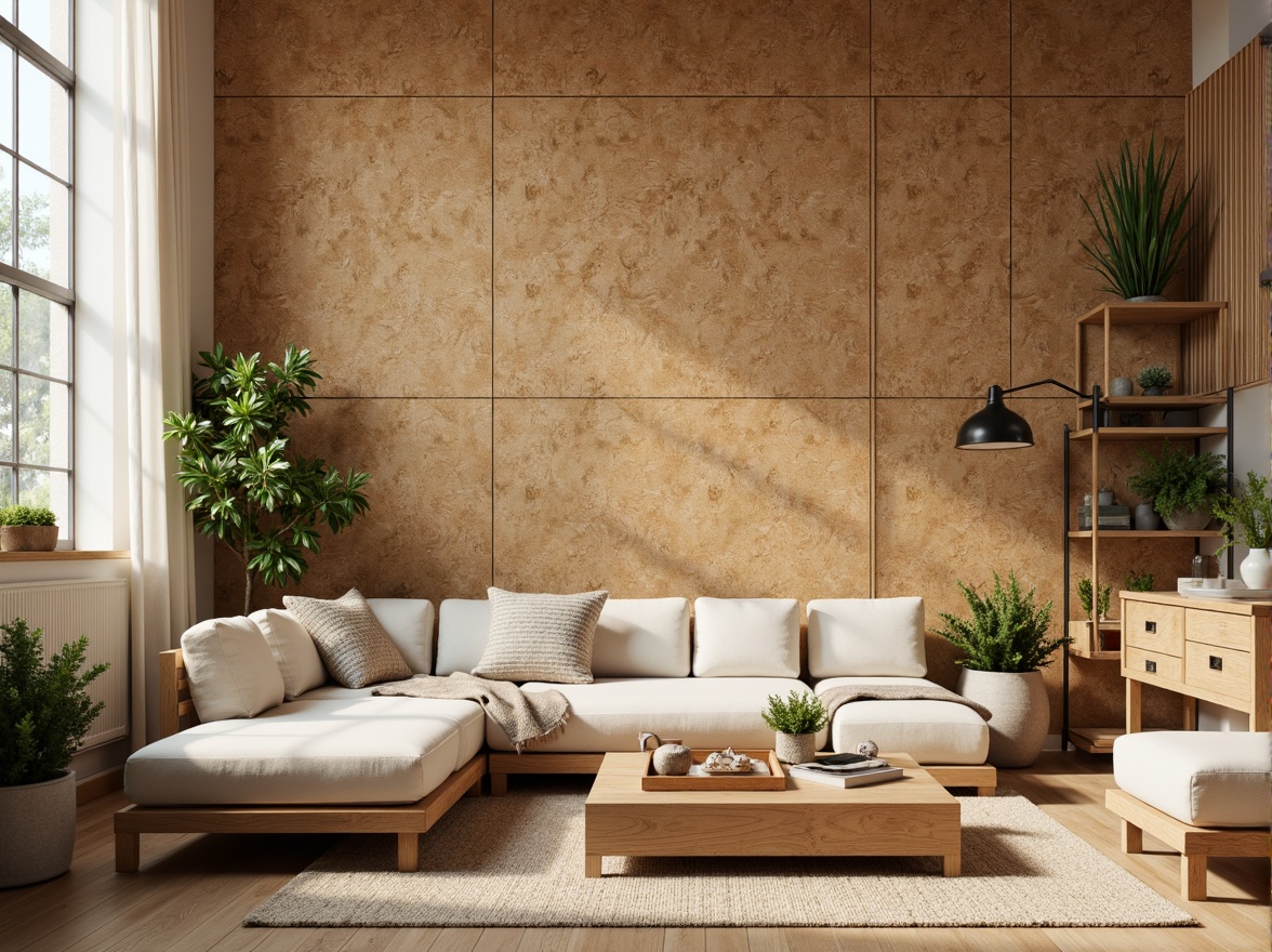 Prompt: Earthy cork walls, natural textures, warm beige tones, soft sage undertones, creamy whites, rich wood accents, organic patterns, woven fibers, cozy atmospheric lighting, shallow depth of field, 1/1 composition, intimate angles, realistic renderings, ambient occlusion.