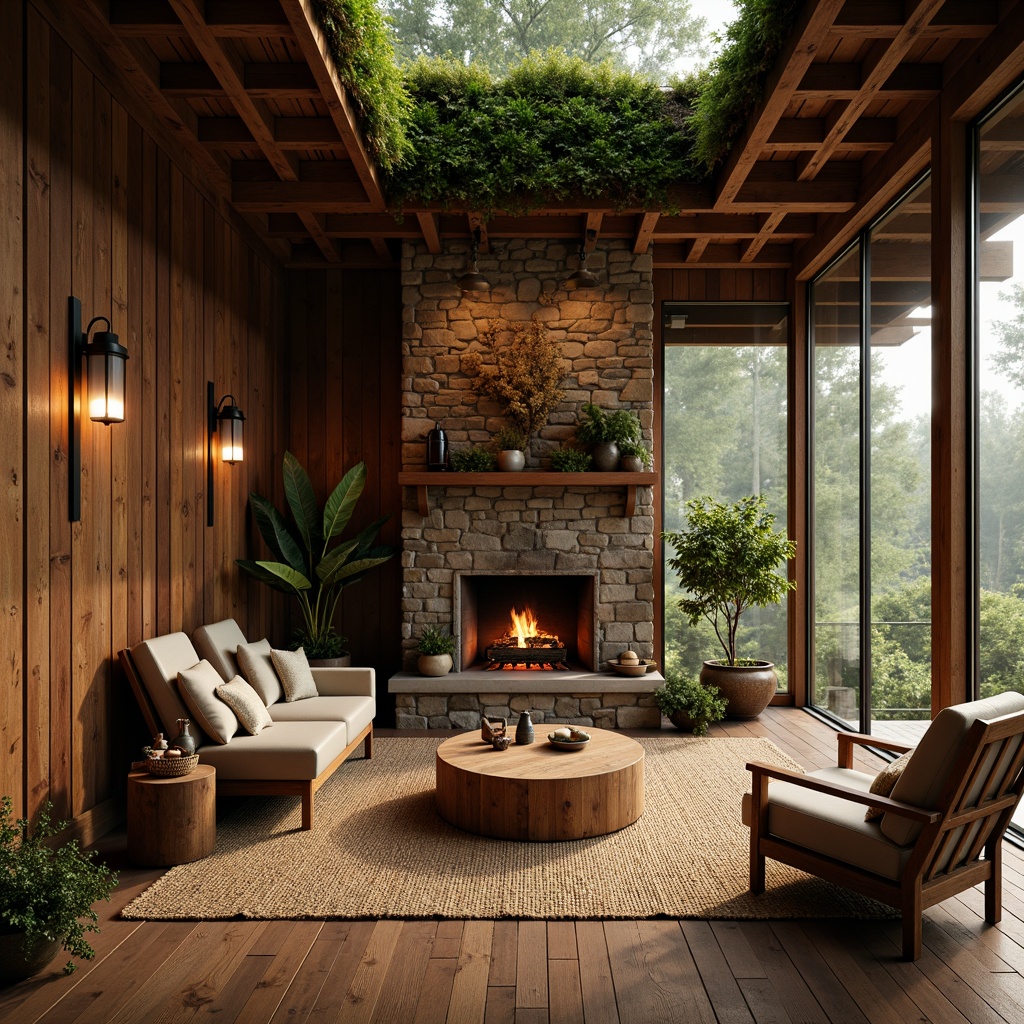 Prompt: Earthy cabin, reclaimed wood walls, stone fireplace, natural fiber rugs, woven bamboo furniture, organic textiles, earthy color palette, moss-covered roof, rustic metal accents, lantern-style lighting, cozy atmosphere, warm soft focus, shallow depth of field, 1/1 composition, intimate portrait view.