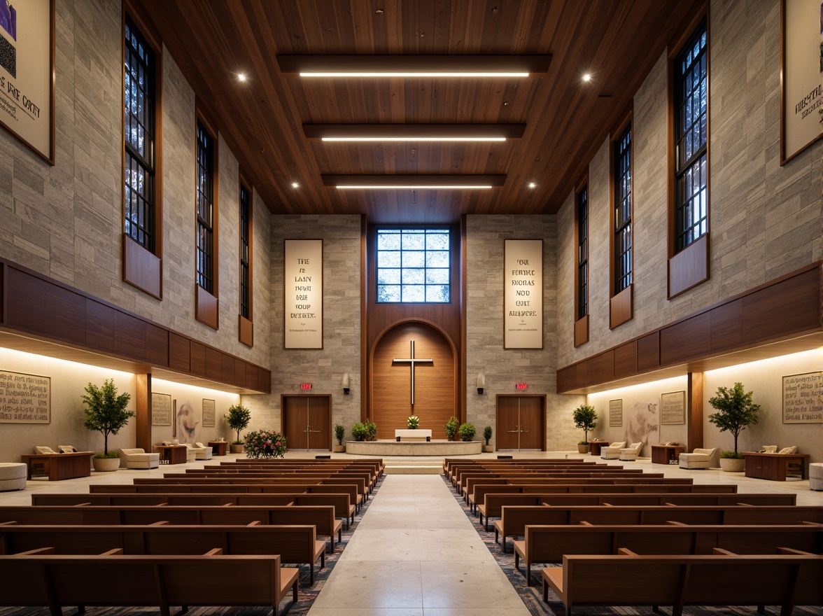 Prompt: Contemporary church interior, sleek lines, minimalist decor, natural stone walls, stained glass windows, warm ambient lighting, suspended ceiling fixtures, LED strip lights, subtle color temperature, modern chandeliers, polished metal accents, luxurious wood tones, comfortable seating areas, soft carpeting, inspirational quotes, serene atmosphere, calm color palette, 1/1 composition, shallow depth of field, realistic textures, ambient occlusion.