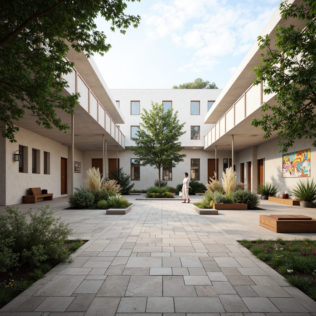 Prompt: Simplistic community center, open courtyard, natural stone flooring, minimalist architecture, clean lines, monochromatic color scheme, abundant greenery, potted plants, wooden benches, educational murals, community art installations, subtle lighting, soft shadows, shallow depth of field, 1/1 composition, serene atmosphere, realistic textures, ambient occlusion.