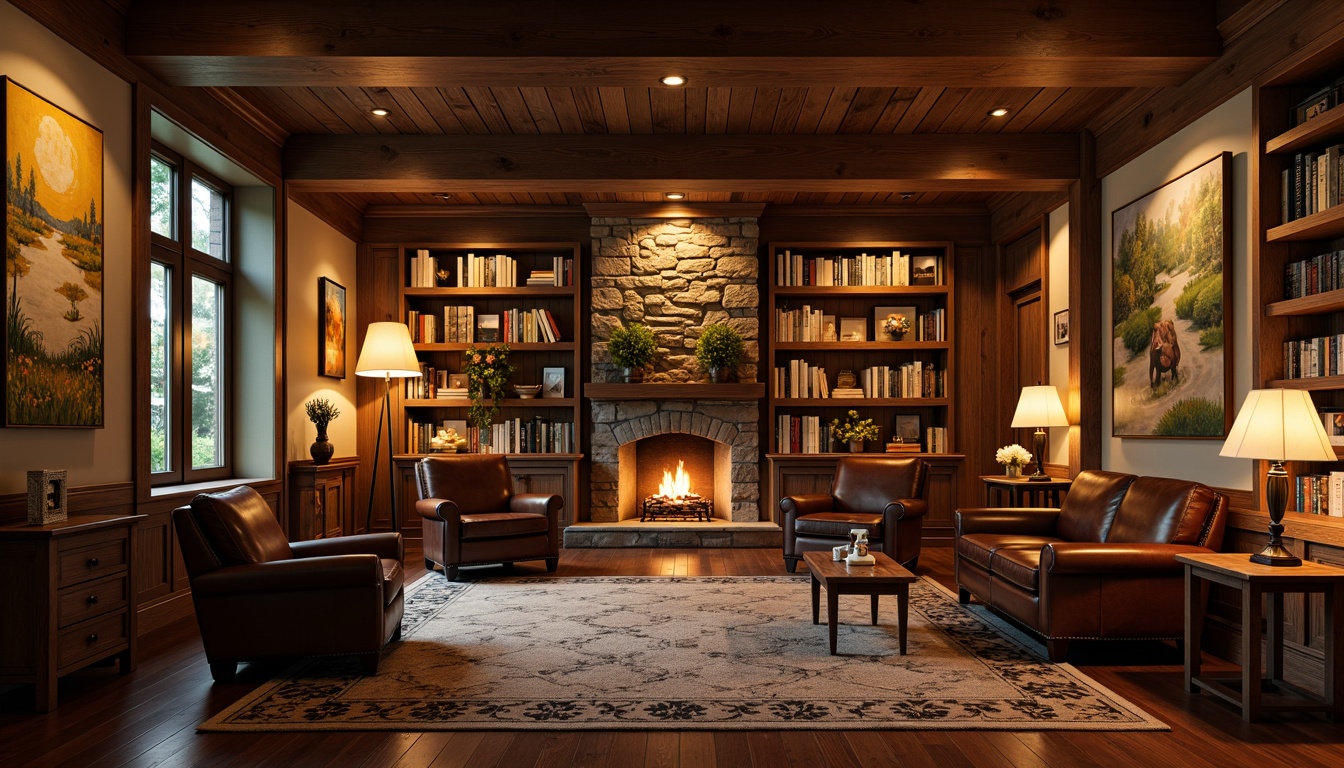 Prompt: Cozy rustic library, wooden bookshelves, vintage leather armchairs, soft warm lighting, table lamps, floor lamps, candlelight, warm beige walls, dark wood flooring, plush area rugs, comfortable reading nooks, nature-inspired artwork, earthy color palette, natural stone fireplace, crackling fire sounds, warm golden lighting, shallow depth of field, 2/3 composition, realistic textures, ambient occlusion.