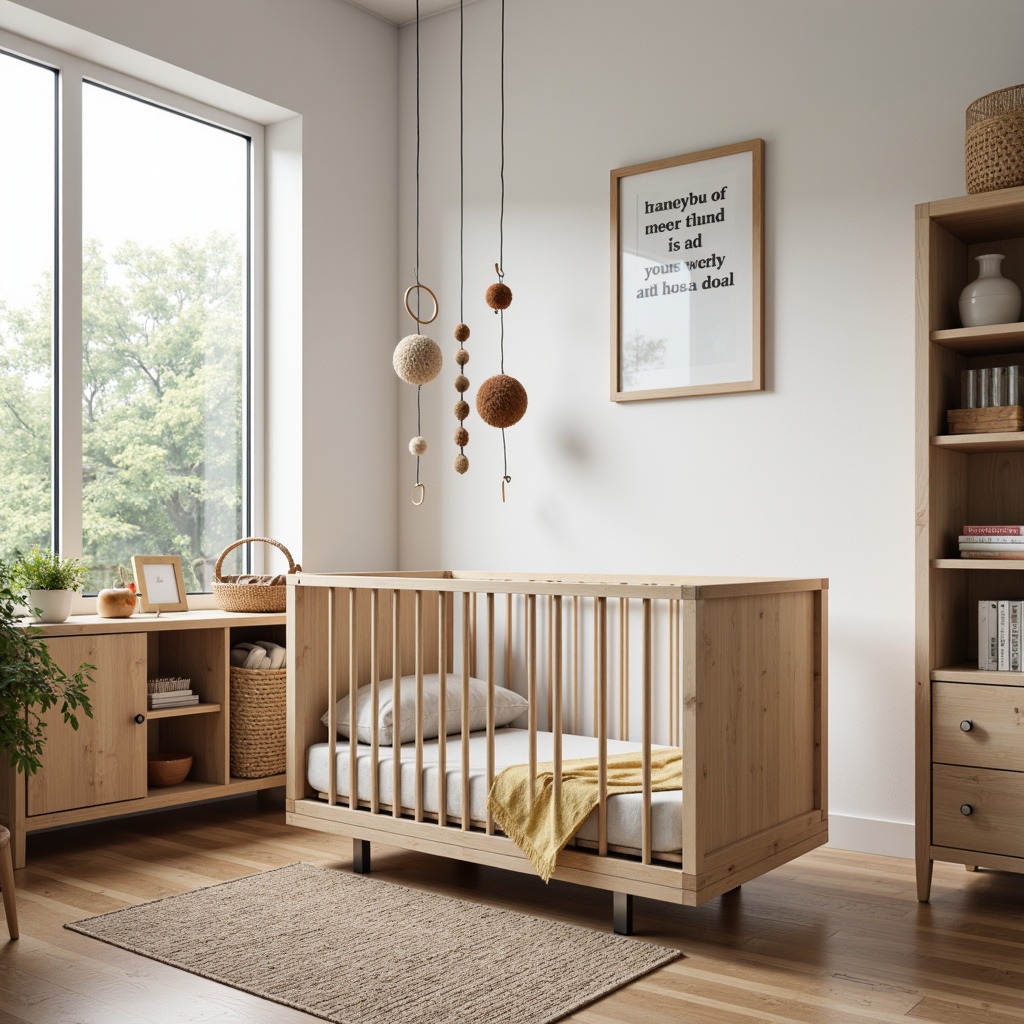 Prompt: Minimalist baby crib, wooden accents, geometric shapes, primary color palette, functional storage units, tubular steel legs, leather straps, woven baskets, industrial-chic decor, natural textiles, soft pastel hues, warm ambient lighting, cozy reading nook, minimalist wall art, simple typography, playful mobiles, airy open space, modernist architecture, wooden floorboards, large windows, abundant natural light, shallow depth of field, 1/1 composition, realistic textures.