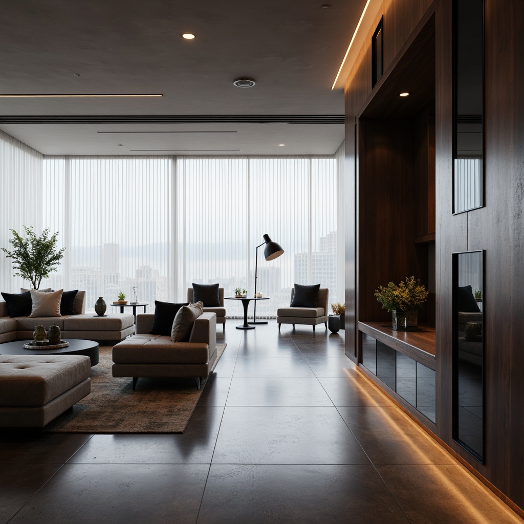 Prompt: Sleek modern interior, minimalist decor, polished chrome fixtures, suspended linear lighting, recessed ceiling lights, floor-to-ceiling windows, sheer white curtains, low-profile furniture, matte black accents, ambient warm glow, softbox lighting, 1/1 composition, cinematic perspective, realistic reflections, subtle shading.