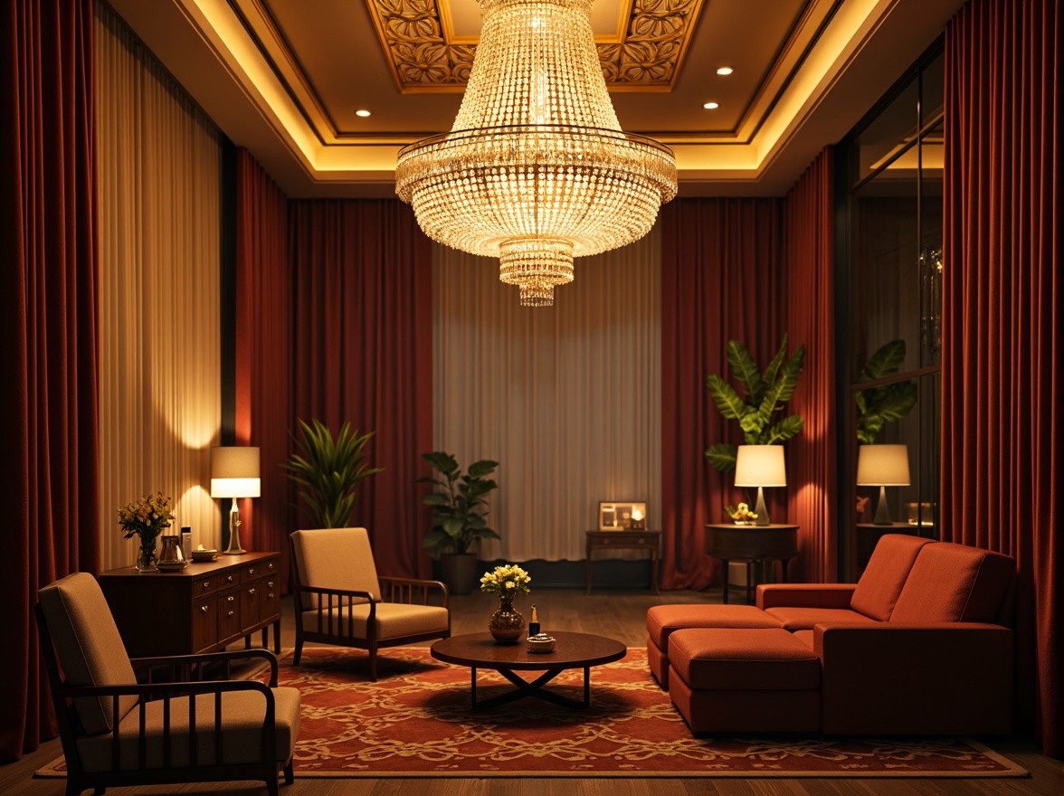 Prompt: Luxurious interior, grand chandelier, crystal droplets, warm golden lighting, lavish furnishings, rich velvet drapes, ornate ceiling details, opulent decorative accents, regal ambiance, sophisticated color palette, ambient glow, soft shadows, 1/1 composition, shallow depth of field, realistic textures, subtle reflections.