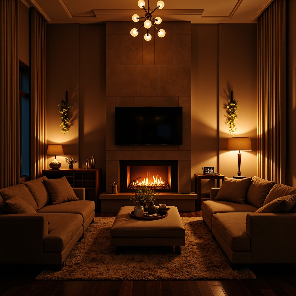 Prompt: Cozy living room, warm ambient lighting, table lamps, floor lamps, pendant lights, chandeliers, dimmable LED lights, soft glowing bulbs, golden metallic finishes, luxurious fabrics, plush sofas, rich wood tones, intimate atmosphere, relaxing mood, dramatic shadows, subtle color temperatures, 3-point lighting composition, realistic reflections, detailed textures.