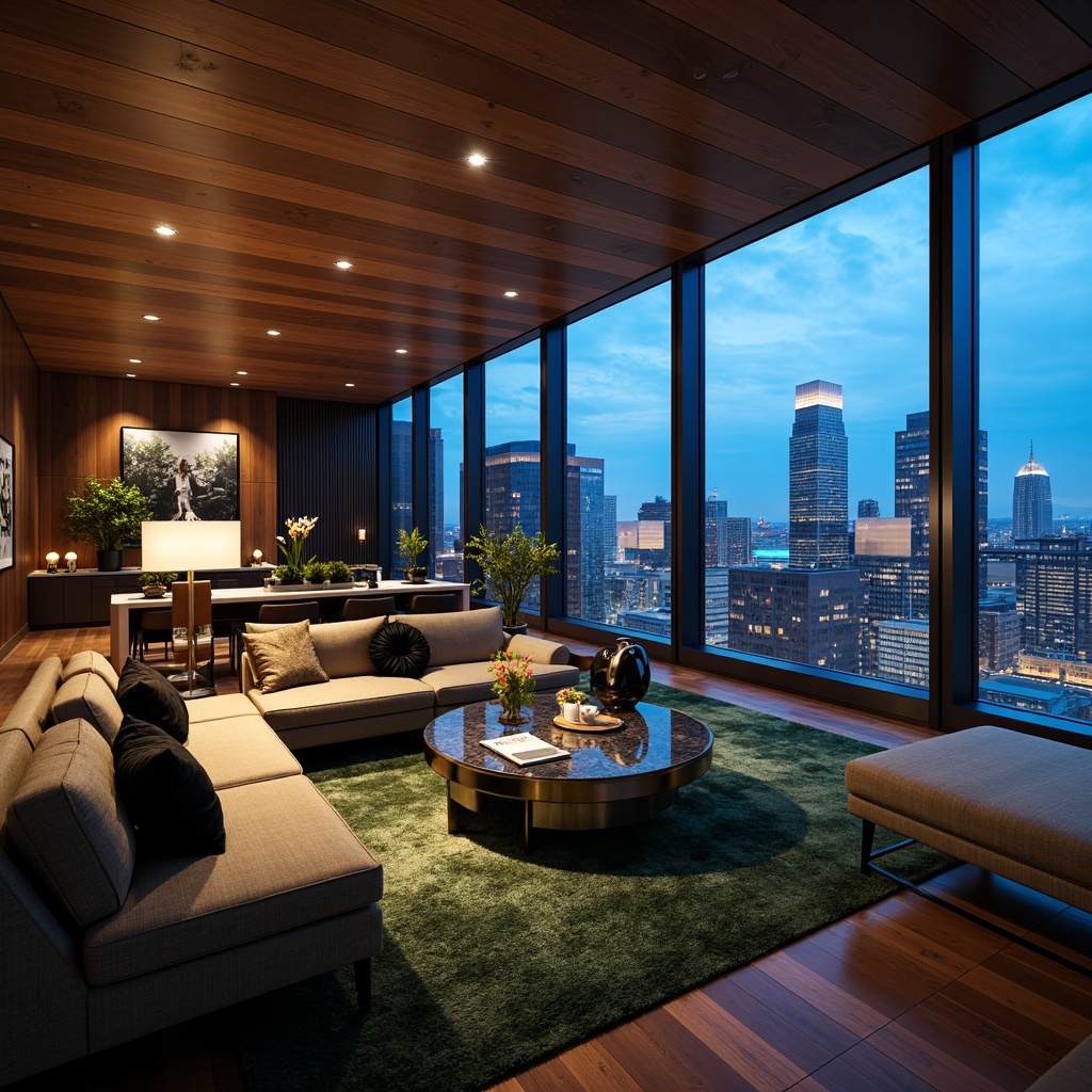 Prompt: Luxurious penthouse, sleek modern architecture, floor-to-ceiling windows, breathtaking cityscape views, lavish interior design, rich wood accents, metallic finishes, opulent textiles, jewel-toned color scheme, deep blues, emerald greens, velvety blacks, creamy whites, warm golden lighting, dramatic shadows, 3/4 composition, panoramic view, high-end furniture, marble countertops, designer artwork, plush area rugs, sophisticated ambiance, vibrant city nightlife.