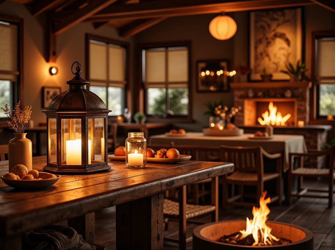 Prompt: Warm candlelight, soft lantern glow, vintage metal fixtures, distressed wood accents, earthy terracotta hues, mason jars, pendant lights, natural linen shades, warm beige tones, cozy fire pit, crackling flames, rustic wooden beams, exposed brick walls, autumnal leaf patterns, soft warm lighting, shallow depth of field, 1/2 composition.