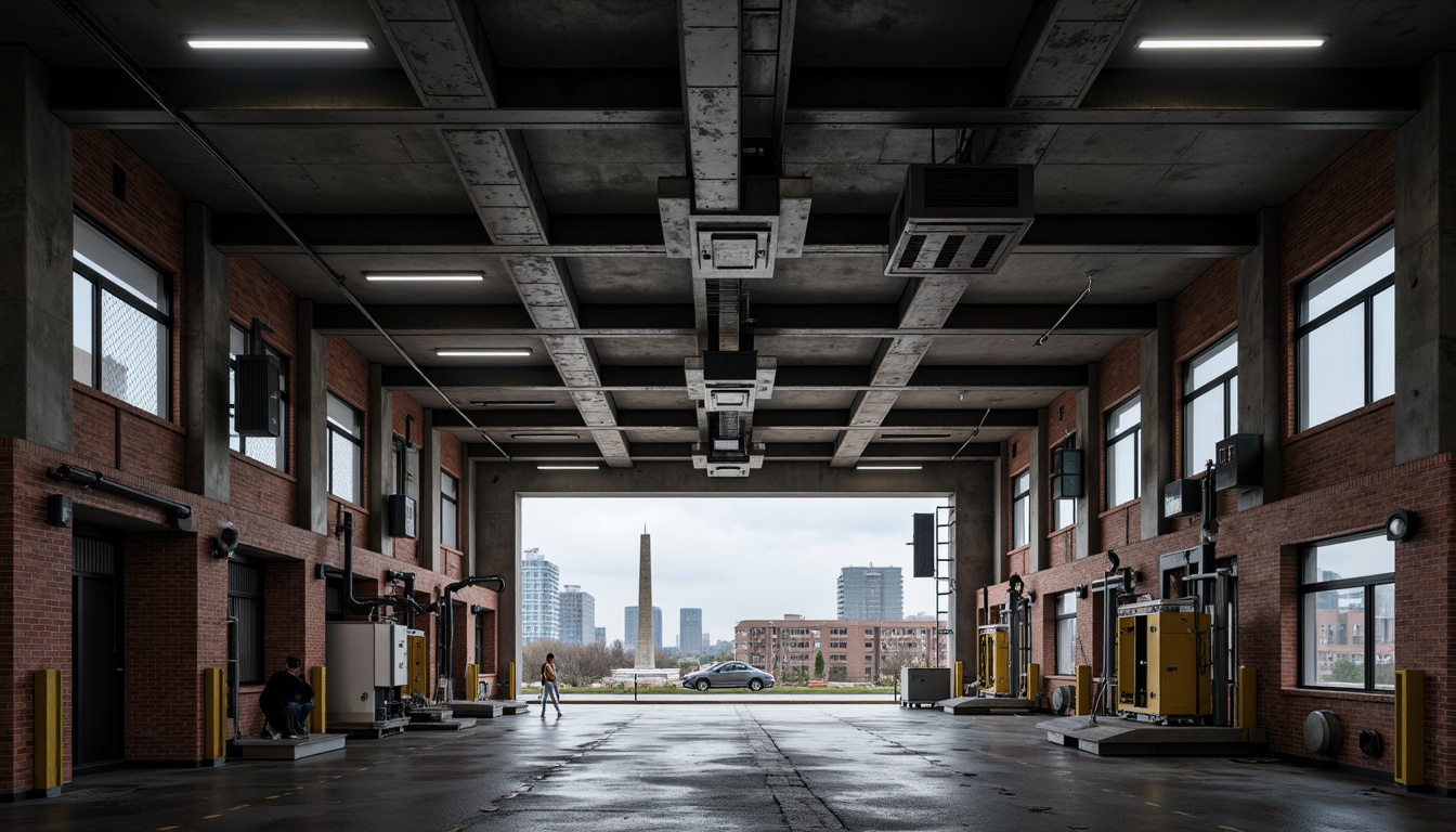 Prompt: Exposed ductwork, industrial steel beams, concrete floors, raw brick walls, functional piping systems, minimalist lighting fixtures, warehouse-style storage racks, loading dock machinery, heavy-duty cargo elevators, rugged asphalt driveways, urban cityscape backdrop, overcast cloudy sky, dramatic high-contrast lighting, deep depth of field, 2/3 composition, cinematic camera angles, gritty realistic textures, advanced weathering effects.