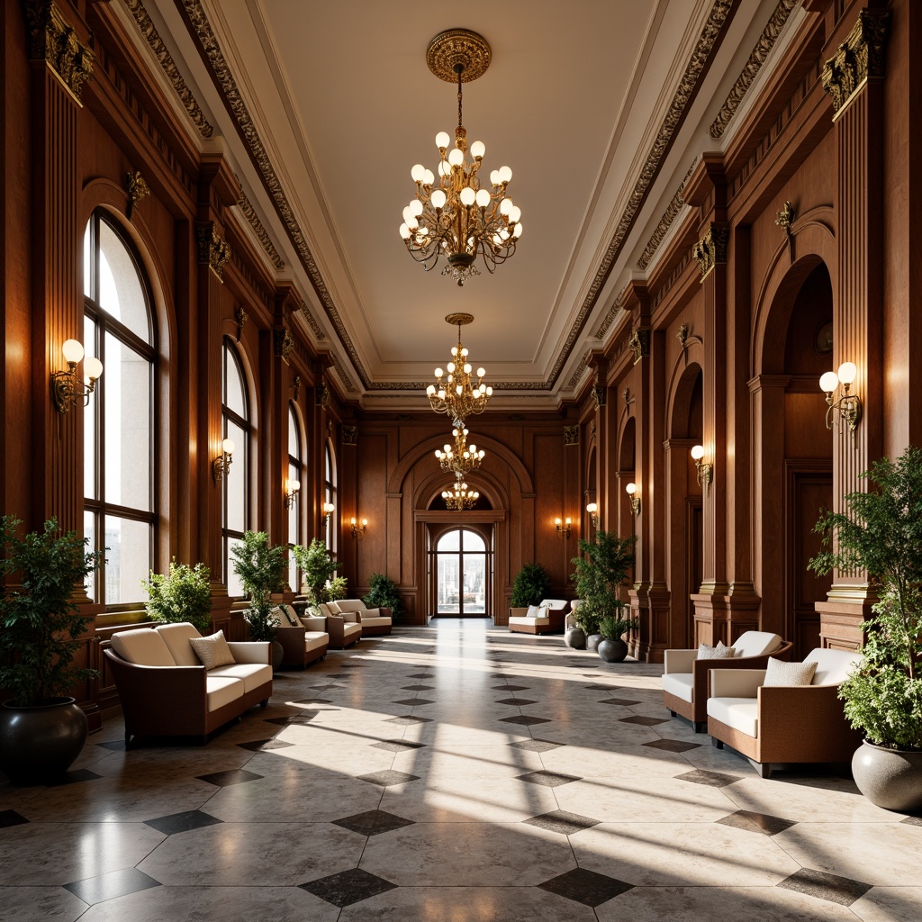 Prompt: Elegant banking hall, ornate crown molding, rich wood tones, polished marble floors, grand chandeliers, stately columns, arched windows, sophisticated neutrals, luxurious fabrics, refined textures, opulent furnishings, dignified atmosphere, soft warm lighting, subtle shading, 1/1 composition, realistic rendering, detailed ornaments.