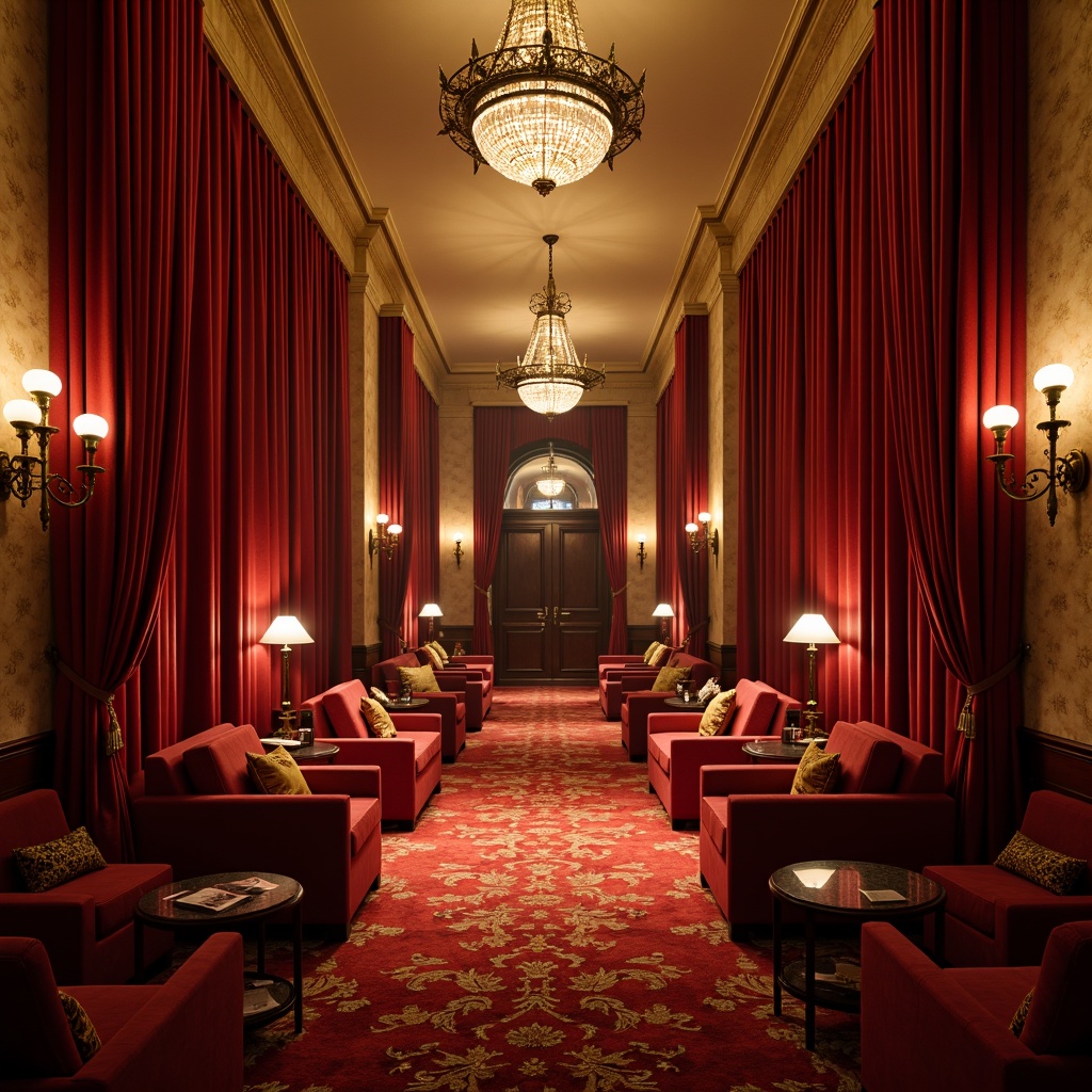 Prompt: Rich velvet curtains, ornate golden accents, plush red seating, luxurious carpeting, dramatic spotlights, warm beige walls, elegant chandeliers, sophisticated neutral tones, intimate ambiance, softbox lighting, 1/1 composition, realistic reflections, cinematic atmosphere.