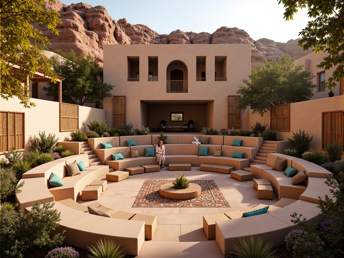 Prompt: Earthy-toned amphitheater, adobe-style seating, rustic wooden accents, terra cotta flooring, curved stone walls, natural rock formations, desert flora, vibrant turquoise accents, woven textiles, geometric patterns, sandstone columns, wooden pergolas, warm golden lighting, shallow depth of field, 1/2 composition, panoramic view, realistic textures, ambient occlusion.