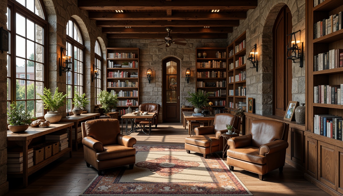 Prompt: Rustic library interior, wooden bookshelves, vintage leather armchairs, distressed stone walls, earthy tone color palette, warm soft lighting, cozy reading nooks, rich wood textures, woven baskets, natural fiber rugs, vintage metal lanterns, ornate wooden ceiling, classic literature displays, quiet atmosphere, shallow depth of field, 1/1 composition, realistic textures, ambient occlusion.