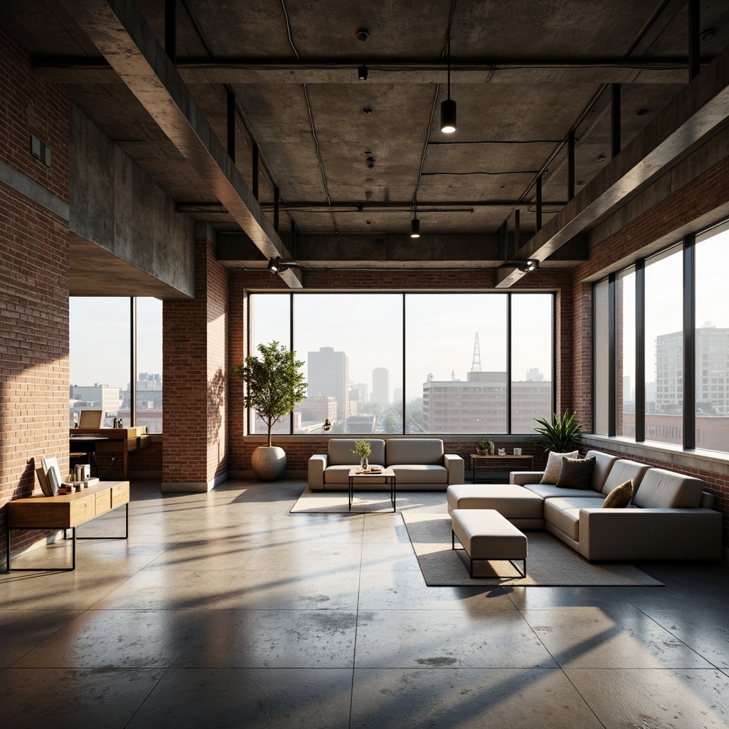 Prompt: Minimalist loft interior, open space layout, streamline moderne design, exposed brick walls, polished concrete floors, industrial metal beams, floor-to-ceiling windows, natural light pouring in, minimalist decor, functional furniture, sleek lines, monochromatic color scheme, urban cityscape views, morning sunlight, soft warm lighting, shallow depth of field, 3/4 composition, realistic textures, ambient occlusion.