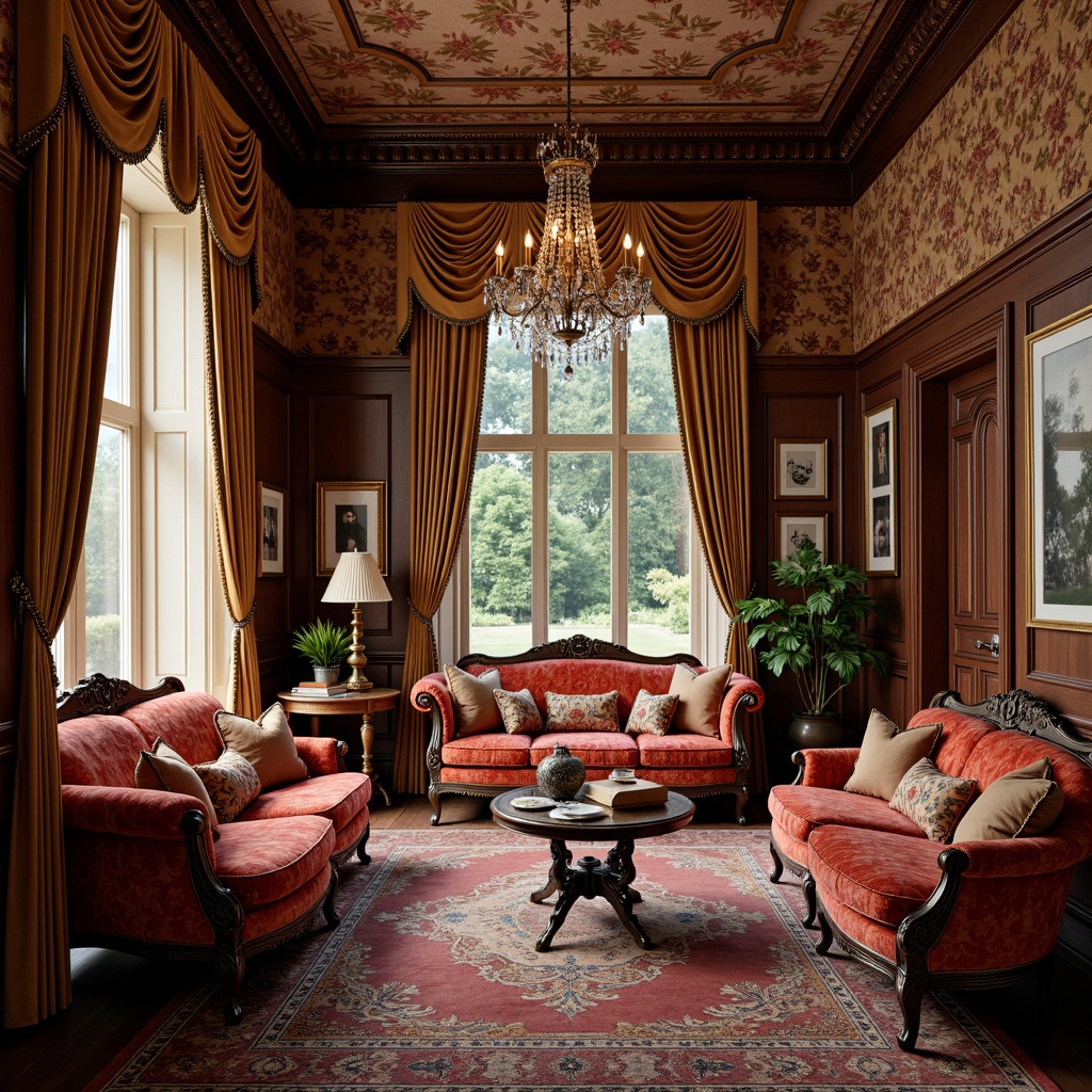 Prompt: Rich velvet fabrics, luxurious satin weaves, classic floral patterns, warm earthy tones, ornate carved wooden frames, plush cushioning, tufted designs, antique bronze accents, opulent drapery, lavish tassel trim, elegant scrollwork, refined herringbone textures, sophisticated damask motifs, majestic crown molding, dramatic crystal chandeliers, soft warm lighting, intimate atmosphere, traditional English countryside inspiration.