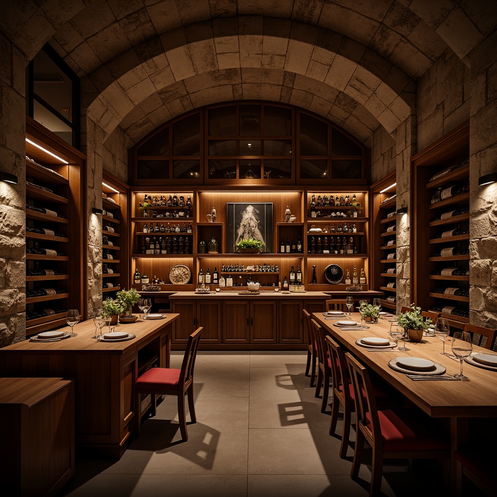 Prompt: Luxurious wine cellar, dimly lit ambiance, rich wood tones, climate-controlled environment, precise temperature ranges, humidity levels, advanced air filtration systems, UV protection, wine racks, glass-enclosed storage, stone walls, elegant lighting fixtures, subtle aromas, refined textures, cool misty atmosphere, 1/1 composition, softbox lighting, realistic reflections.