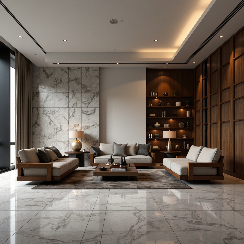 Prompt: Luxurious living room, sleek modern furniture, polished marble flooring, textured concrete walls, metallic accent walls, geometric patterned wallpaper, rich wood paneling, minimalist decorative shelves, ambient floor lamps, soft warm lighting, 1/1 composition, shallow depth of field, realistic textures, subtle color palette, sophisticated interior design.