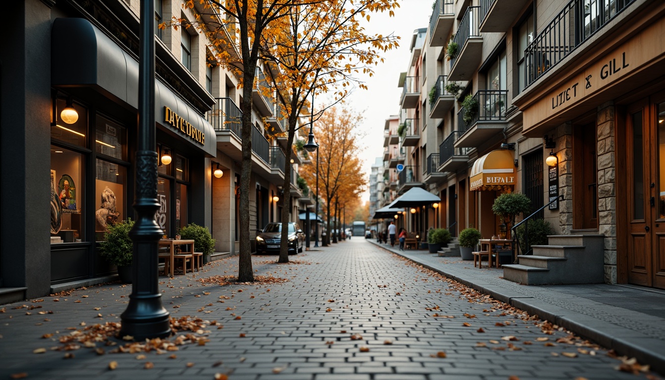 Prompt: Richly detailed urban streetscape, worn asphalt roads, rough stone sidewalks, ornate metal lampposts, vibrant street art murals, eclectic storefronts, distressed wooden signs, intricately carved stone facades, polished chrome accents, warm golden lighting, shallow depth of field, 1/1 composition, realistic material textures, ambient occlusion.