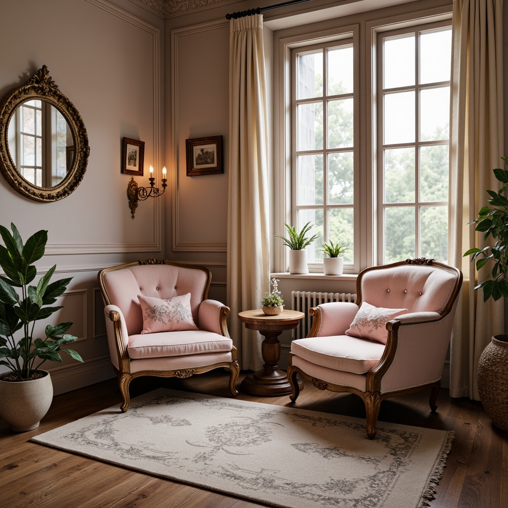 Prompt: Vintage armchairs, distressed wood furniture, soft velvety fabrics, pastel pink hues, lace trimmings, floral patterns, gentle linen textures, subtle sheen, warm beige tones, antique accessories, ornate mirrors, rustic wooden floors, plush area rugs, natural light filtering, cozy reading nooks, comfortable oversized pillows, elegant drapery, romantic candlelight, soft focus, shallow depth of field, 1/2 composition, inviting atmosphere.