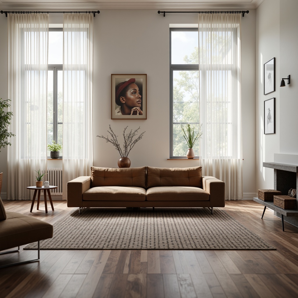 Prompt: Minimalist living room, sleek low-profile sofa, polished chrome legs, tufted velvet upholstery, geometric patterned rug, floor-to-ceiling windows, sheer white curtains, modern art pieces, industrial-style coffee table, metallic accents, ambient warm lighting, soft focus blur, 1/1 composition, realistic textures, subtle color palette, Scandinavian-inspired design, reclaimed wood flooring, eco-friendly materials, innovative storage solutions.