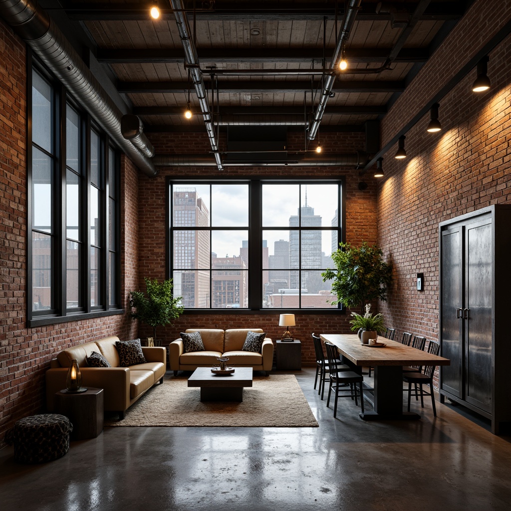 Prompt: Exposed brick walls, industrial chic aesthetic, metal beams, reclaimed wood accents, vintage factory windows, concrete flooring, distressed metal doors, Edison bulb lighting, functional pipes, metallic color scheme, urban loft atmosphere, modern minimalist decor, sleek steel furniture, leather upholstery, urban cityscape views, dramatic overhead lighting, high-contrast composition, gritty textures, cinematic mood.