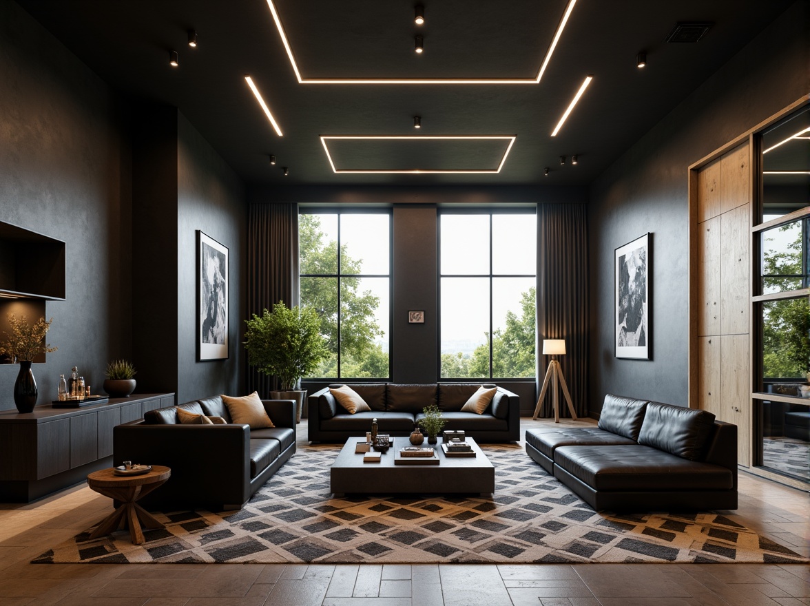 Prompt: Sleek modern interior, minimalist decor, polished chrome fixtures, recessed ceiling lights, linear suspension lamps, floor-to-ceiling windows, natural daylight, soft warm glow, ambient illumination, indirect lighting, subtle shadows, matte black finishes, luxurious textiles, low-profile sofas, geometric patterned rugs, abstract artwork, calm atmosphere, serene ambiance, 1/1 composition, shallow depth of field, realistic reflections.