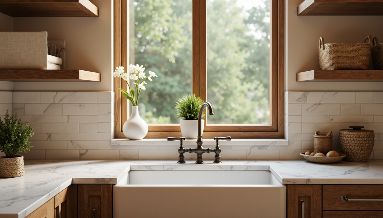 Prompt: Elegant sink basin, ornate faucet handles, vintage-inspired metal fixtures, distressed wooden cabinetry, soft-close drawers, farmhouse-style apron-front sink, white Carrara marble countertops, warm beige walls, traditional shiplap paneling, rustic wooden shelves, woven wicker baskets, natural linen fabrics, ambient warm lighting, 1/1 composition, shallow depth of field, realistic textures, subtle shadows.