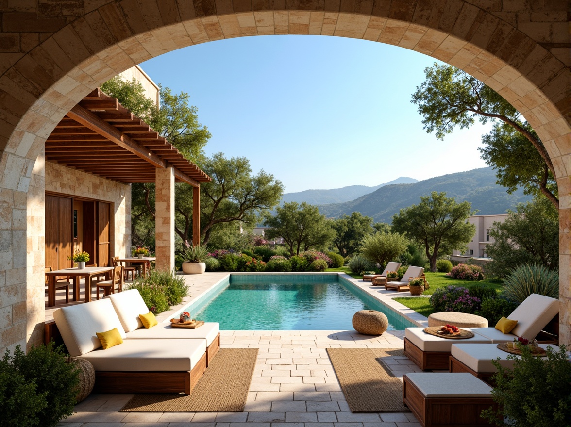 Prompt: Warm Mediterranean villa, rustic stone walls, curved arches, terracotta rooftops, lush greenery, blooming flowers, olive trees, lemon groves, turquoise pool waters, wooden outdoor furniture, plush cushions, woven textiles, natural fabrics, soft warm lighting, dappled shade, 1/1 composition, symmetrical balance, vibrant colorful accents, earthy tones, scenic coastal views, gentle sea breeze, clear blue sky.