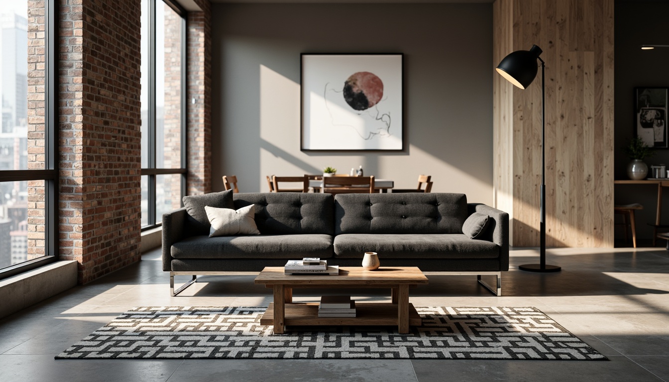 Prompt: Modern minimalist living room, sleek low-profile sofa, polished chrome legs, tufted velvet upholstery, geometric patterned rug, Scandinavian-inspired wooden coffee table, industrial-style metal floor lamp, soft warm ambient lighting, abstract art pieces, urban loft atmosphere, concrete floors, exposed brick walls, floor-to-ceiling windows, minimalist decor, monochromatic color scheme, luxurious textiles, 1/1 composition, shallow depth of field, realistic reflections.