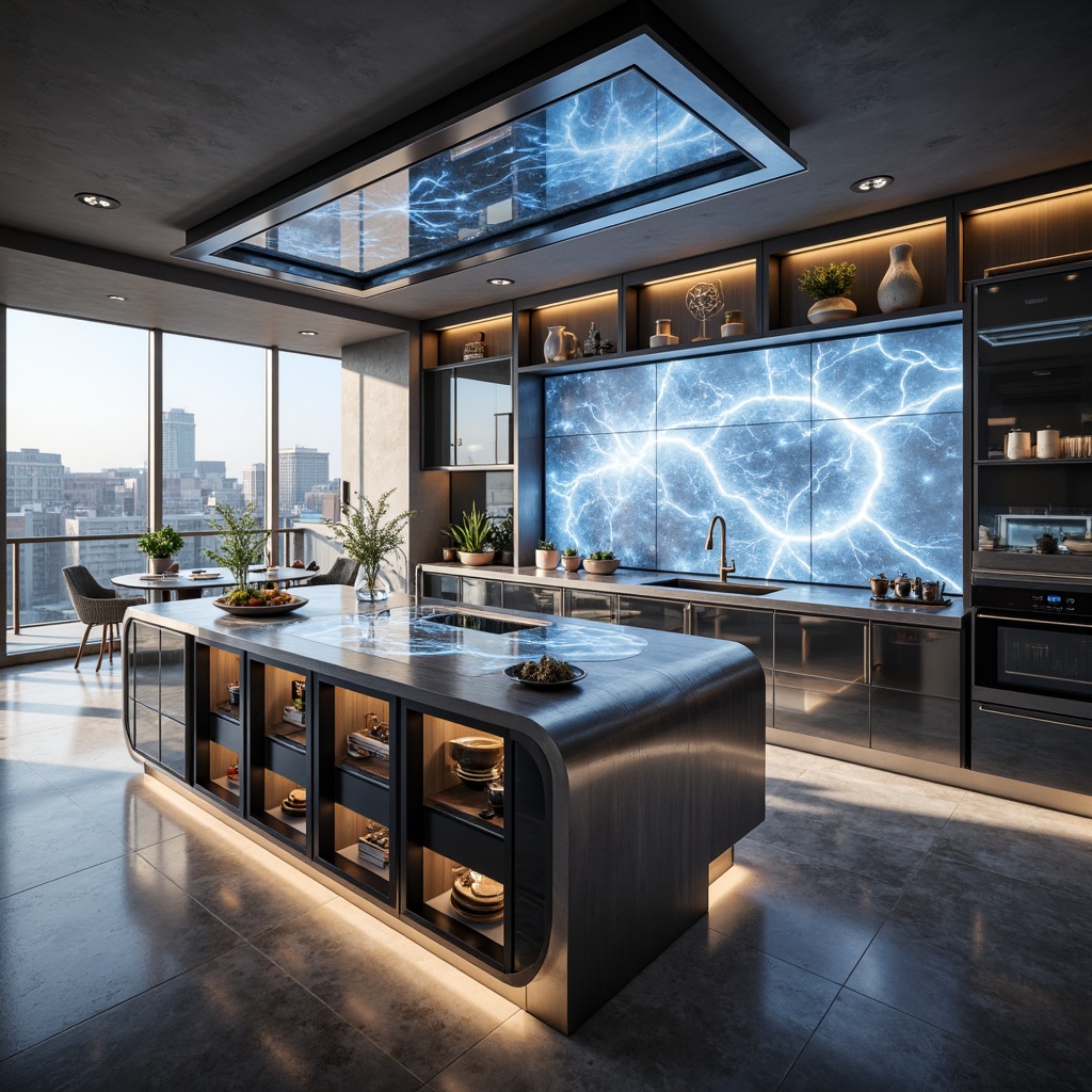 Prompt: Futuristic kitchen island, sleek metallic countertops, holographic displays, touchless faucets, smart appliances, minimalist cabinetry, glossy acrylic surfaces, ambient LED lighting, open shelving, geometric patterns, polished chrome accents, modernist architecture, high ceilings, floor-to-ceiling windows, cityscape views, soft morning light, shallow depth of field, 1/1 composition, panoramic view, realistic textures, ambient occlusion.