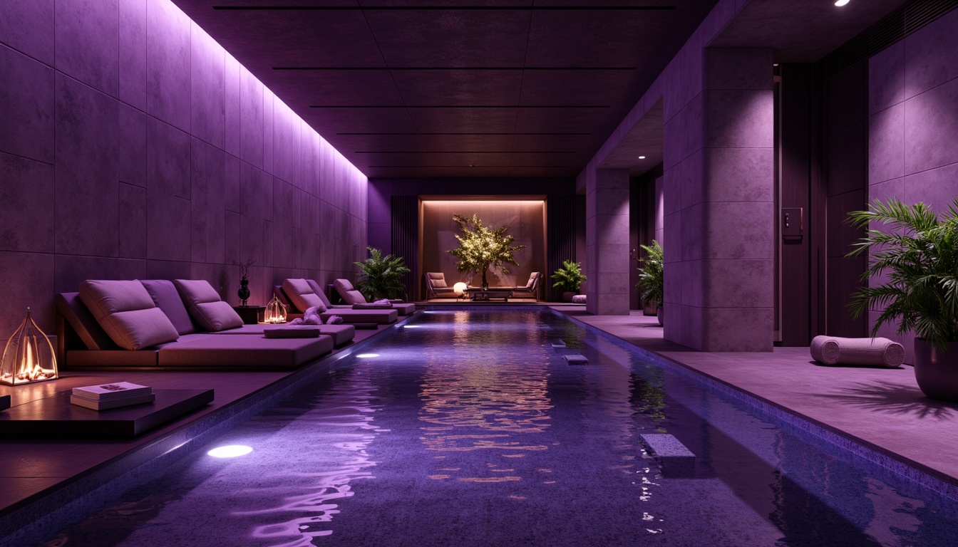 Prompt: Luxurious amethyst accents, rich purple hues, velvety smooth textures, opulent decorative elements, lavish furnishings, regal atmosphere, sophisticated modern design, sleek lines, polished metallic surfaces, soft warm lighting, dramatic shadows, high-end luxury, premium materials, bespoke interior design, lavish lifestyle, indulgent ambiance, pampering relaxation, serene calming environment, spa-like atmosphere, nature-inspired accents, botanical patterns, flowing curves, organic shapes.