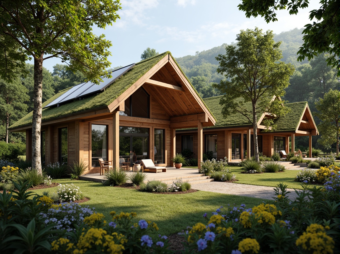 Prompt: Rustic wooden cabin, natural stone walls, green roofs, solar panels, wind turbines, recycled metal frames, bamboo flooring, reclaimed wood furniture, organic gardens, lush greenery, wildflowers, serene forest surroundings, warm soft lighting, shallow depth of field, 1/1 composition, realistic textures, ambient occlusion.