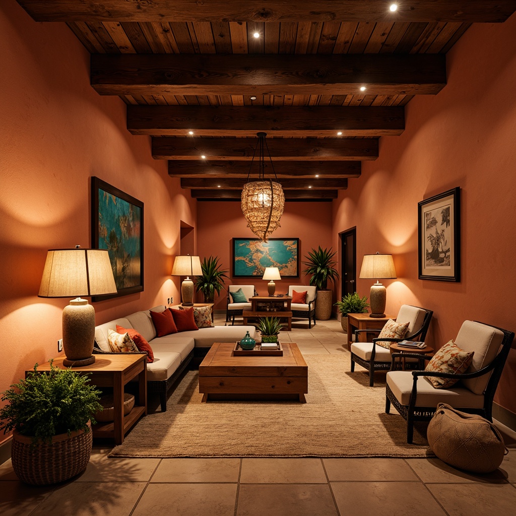 Prompt: Warm southwestern-style basement, earthy terracotta walls, rustic wooden beams, plush area rugs, comfortable seating nooks, soft warm lighting, table lamps with woven shades, floor lamps with natural linen shades, dimmable LED strips, cozy reading corners, warm-toned wood accents, vibrant turquoise decorative accents, woven basket pendant lights, natural stone flooring, ambient shadows, 1/2 composition, soft focus, warm color temperature.