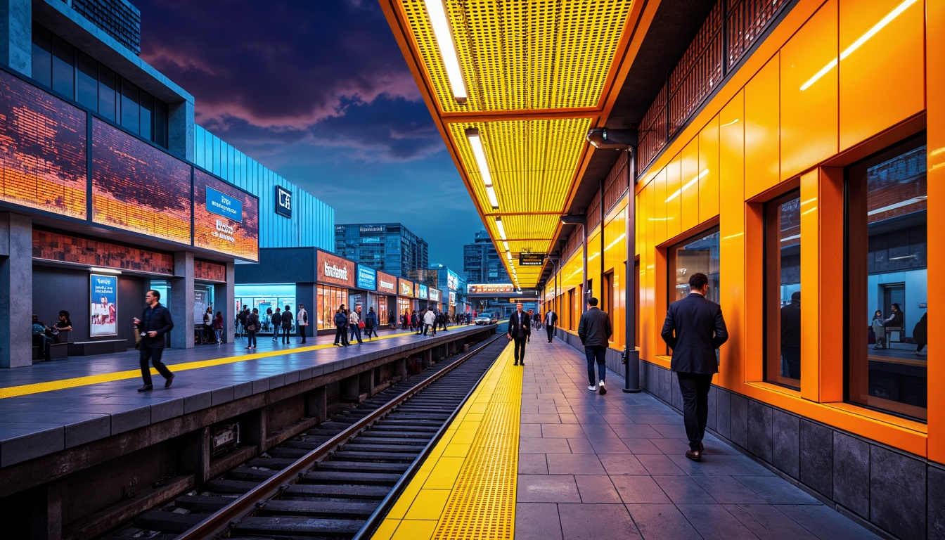 Prompt: Vibrant metro station, bold color scheme, contrasting hues, bright yellows, deep blues, fiery oranges, electric purples, geometric patterns, abstract shapes, futuristic architecture, sleek metal lines, exposed concrete walls, modern urban landscape, bustling city life, fast-paced rhythm, dynamic movement, cinematic lighting, dramatic shadows, high-contrast colors, avant-garde aesthetic, artistic expression, emotive brushstrokes, distorted forms, abstracted realism, surreal atmosphere, dreamlike quality.