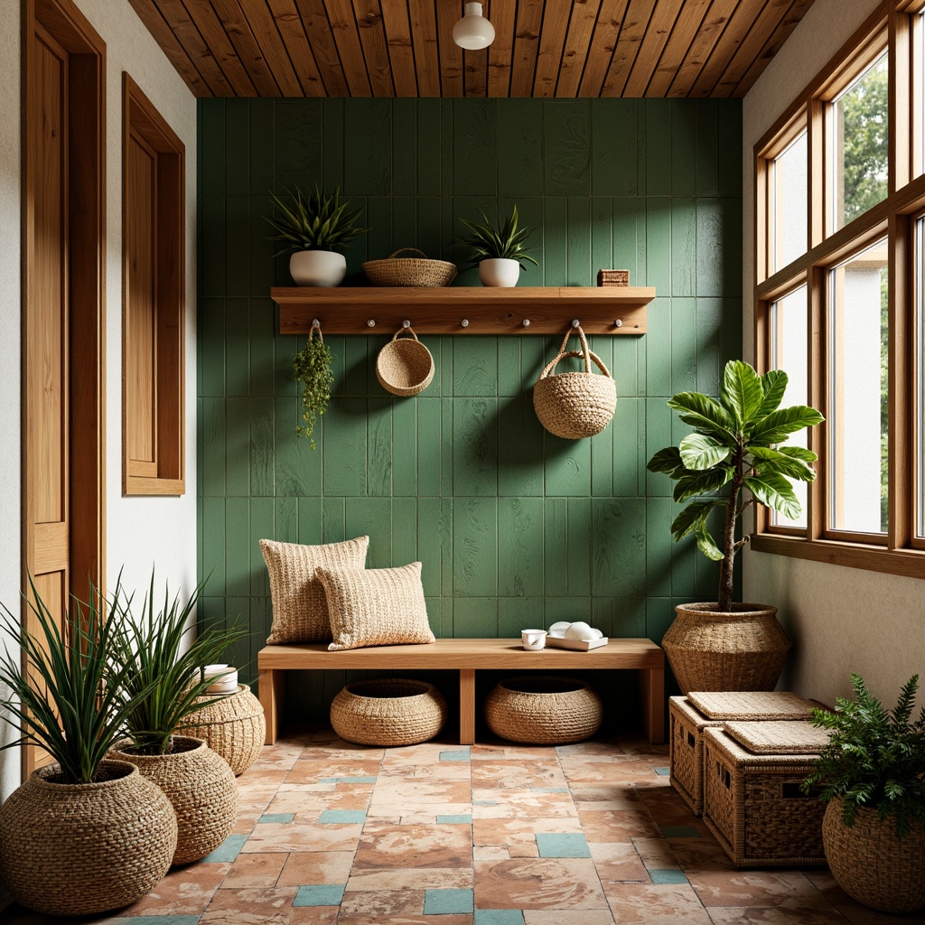 Prompt: Mudroom tropical style, natural woven baskets, rattan storage benches, wicker furniture, reclaimed wood shelves, vibrant greenery walls, colorful ceramic tiles, wooden accents, woven textiles, bamboo details, modern minimalist design, warm ambient lighting, shallow depth of field, 1/1 composition, realistic textures, ambient occlusion.