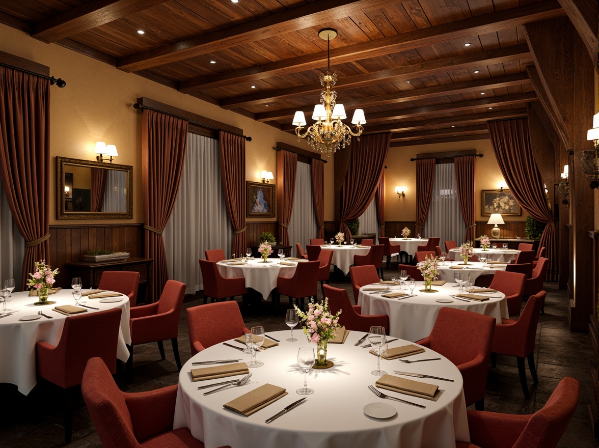 Prompt: Warm dining room, rich wood tones, creamy whites, soft grays, earthy browns, vibrant reds, velvety blacks, ornate chandeliers, elegant table settings, luxurious fabrics, natural stone floors, rustic wooden furniture, refined metal accents, dramatic window treatments, layered curtains, subtle texture contrasts, warm ambient lighting, intimate atmosphere, 1/2 composition, shallow depth of field, realistic renderings.