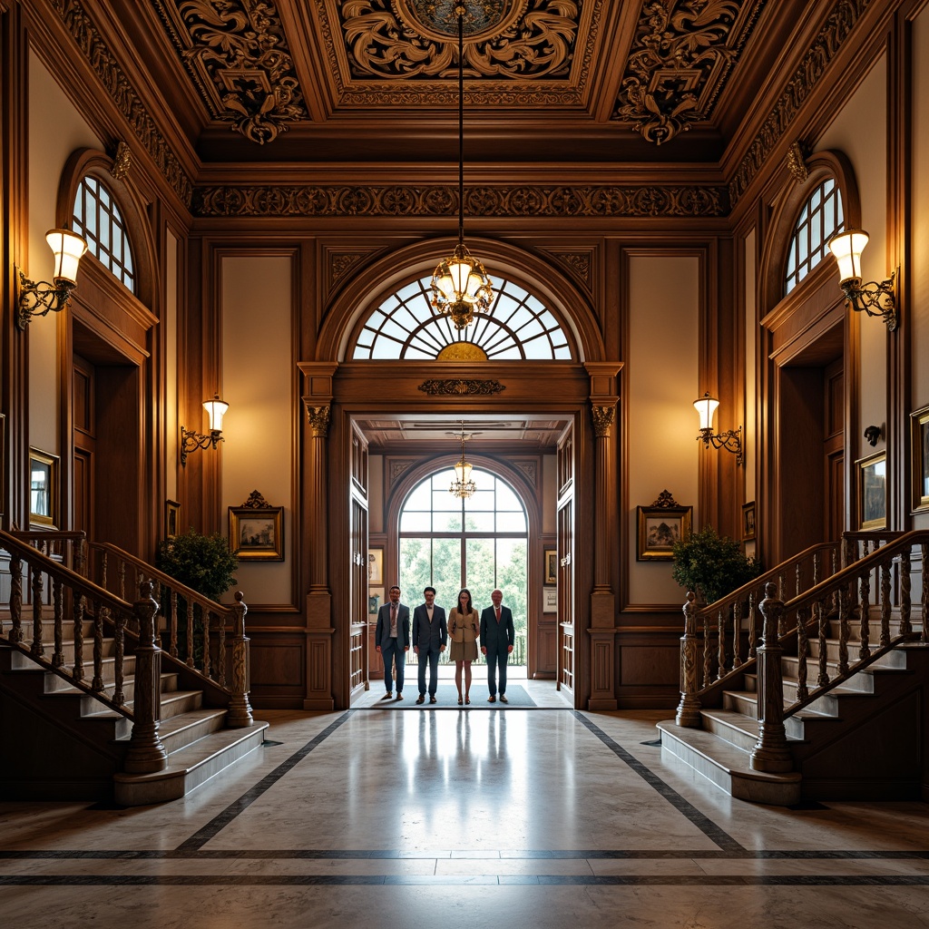 Prompt: Grand museum entrance, intricately carved ornate moldings, richly ornamented facade, Victorian-era inspired architecture, high ceilings, lavish chandeliers, marble floors, ornamental staircases, velvet ropes, polished bronze handrails, detailed wooden paneling, stained glass windows, soft warm lighting, shallow depth of field, 1/1 composition, realistic textures, ambient occlusion.