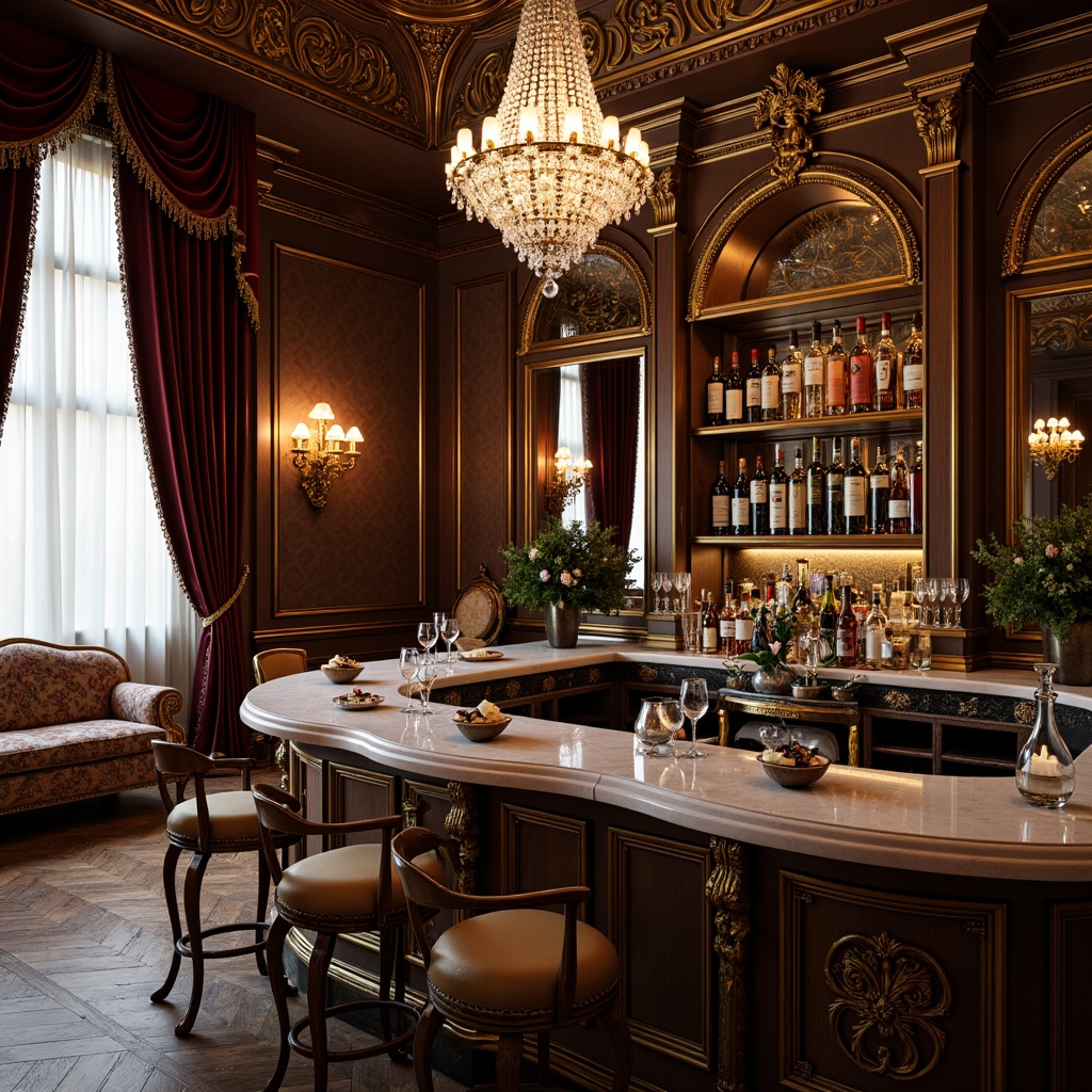 Prompt: Luxurious home bar, ornate Rococo style, gilded accents, intricate carvings, curved silhouettes, velvet drapes, crystal chandeliers, marble countertops, rich wood tones, antique furniture, lavish upholstery, golden hardware, soft warm lighting, shallow depth of field, 3/4 composition, realistic textures, ambient occlusion.