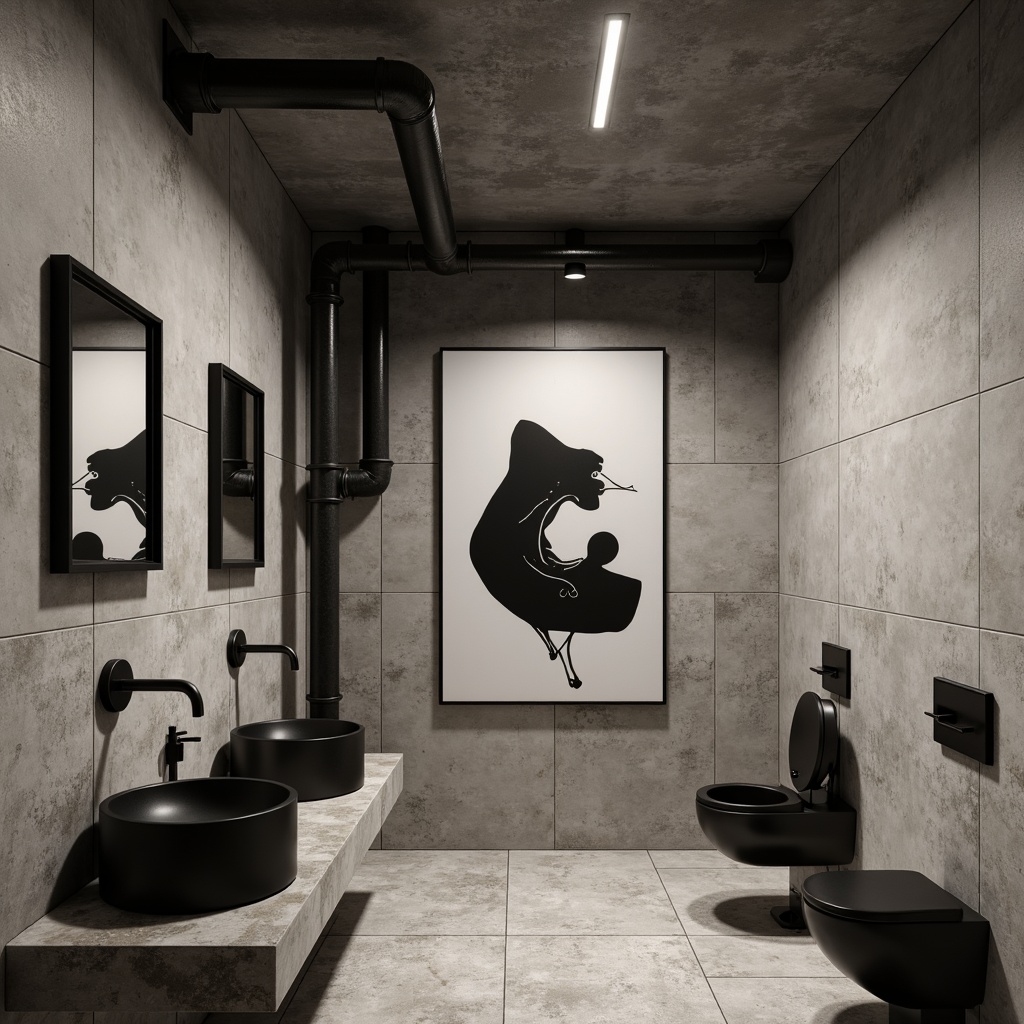 Prompt: Exposed concrete walls, raw industrial pipes, minimalist powder room layout, brutalist architectural style, bold geometric shapes, rough-textured stone flooring, matte black fixtures, industrial-style sink basins, urban loft ambiance, dramatic shadowing, high-contrast lighting, abstract art pieces, distressed metal accents, cold-toned color palette, sleek modern faucets, monochromatic wall tiles, edgy brutalist decorative elements, avant-garde design sensibility.