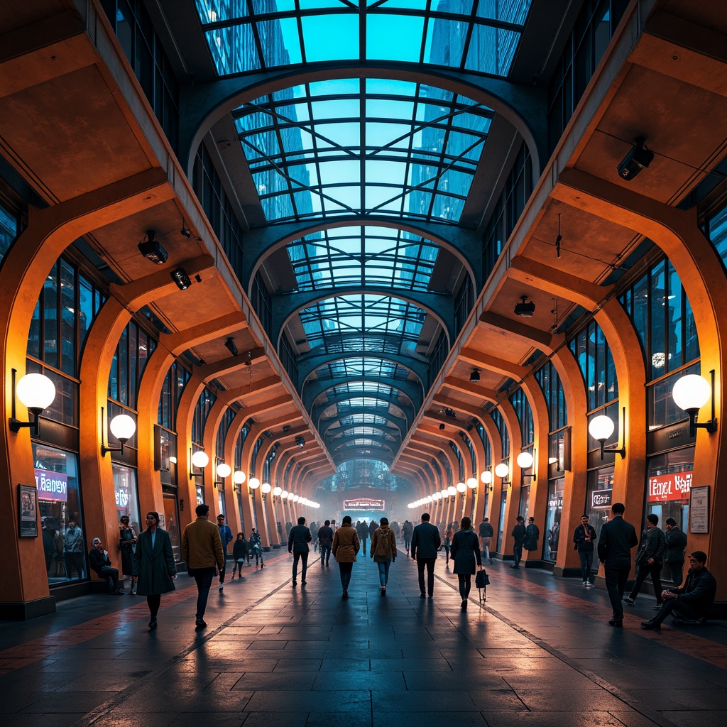 Prompt: Vibrant metro station, bold expressionist architecture, dynamic curves, sweeping arches, abstract patterns, bright neon lights, urban cityscape, bustling crowd, rush hour atmosphere, deep blues, fiery oranges, electric yellows, rich reds, metallic silvers, dark grays, contrasting shadows, dramatic spotlights, atmospheric mist, cinematic composition, 1/2 frame, low-angle shot, moody contrast, high-contrast ratio.